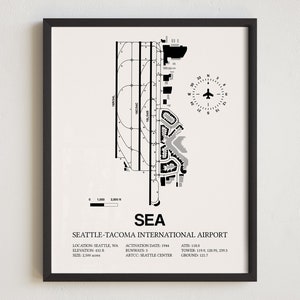 Mapa del aeropuerto SEA, impresión enmarcada del aeropuerto internacional de Seattle-Tacoma, decoración de aviación, regalo de piloto