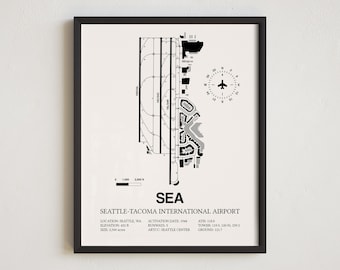 Mapa del aeropuerto SEA, impresión enmarcada del aeropuerto internacional de Seattle-Tacoma, decoración de aviación, regalo de piloto