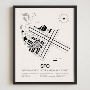 Mapa do aeroporto SFO, impressão emoldurada do Aeroporto Internacional de São Francisco, decoração de aviação, presente para piloto