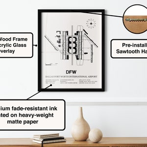 May include: Black and white airport layout print of Dallas Fort Worth International Airport (DFW) in a black wood frame with a sawtooth hanger. The print is on matte paper.