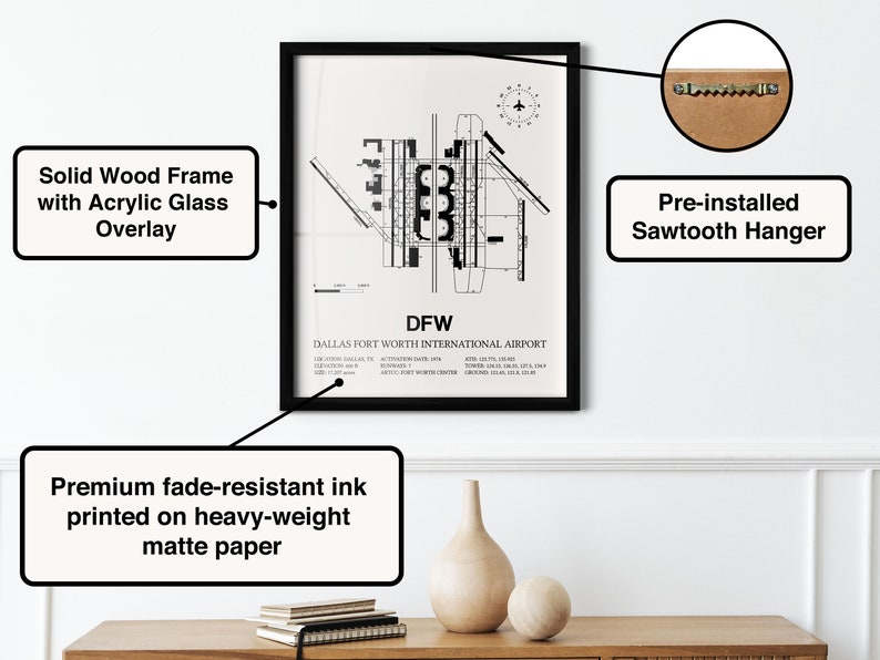 May include: Black and white airport layout print of Dallas Fort Worth International Airport (DFW) in a black wood frame with a sawtooth hanger. The print is on matte paper.