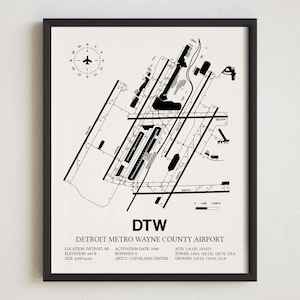 Mapa del aeropuerto DTW, impresión enmarcada del aeropuerto del condado de Wayne del metro de Detroit, decoración de aviación, regalo de piloto