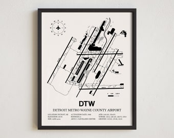 Carte de l'aéroport DTW, impression encadrée de l'aéroport du comté de Wayne dans le métro de Detroit, décoration aviation, cadeau de pilote