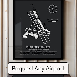 Pu&ograve; includere: Un'illustrazione in bianco e nero dell'aeroporto della contea di Westchester con il testo "First Solo Flight" e dettagli sul pilota, l'aeromobile e la posizione. L'illustrazione include una bussola e una barra di scala.