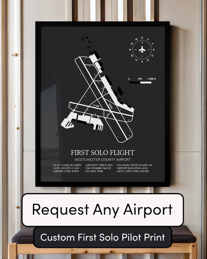 Pu&ograve; includere: Un'illustrazione in bianco e nero dell'aeroporto della contea di Westchester con il testo "First Solo Flight" e dettagli sul pilota, l'aeromobile e la posizione. L'illustrazione include una bussola e una barra di scala.