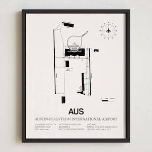 Mapa do aeroporto AUS, impressão emoldurada do Aeroporto Internacional de Austin-Bergstrom, decoração de aviação, presente para piloto
