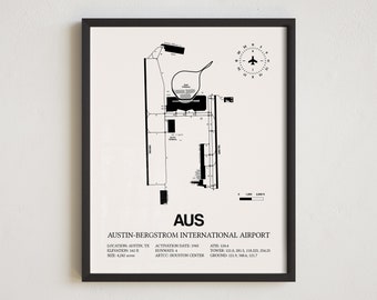 Mapa del aeropuerto de AUS, impresión enmarcada del aeropuerto internacional de Austin-Bergstrom, decoración de aviación, regalo de piloto