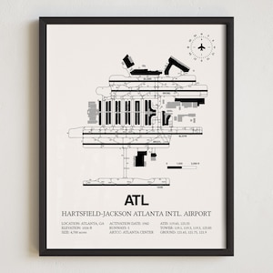 Mapa del aeropuerto ATL, impresión enmarcada del aeropuerto internacional Hartsfield-Jackson de Atlanta, decoración de aviación, regalo de piloto