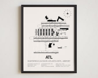 Carte de l'aéroport ATL, impression encadrée de l'aéroport international Hartsfield-Jackson d'Atlanta, décoration aviation, cadeau de pilote