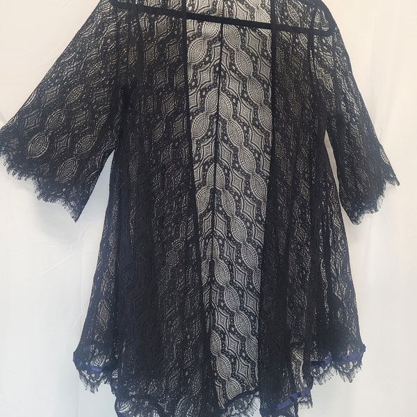 Hebrew Israelite XS black lace cover-up, black finge with navy blue ribbon