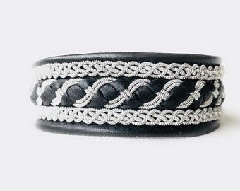 Lapland Sami Reindeer Leather Bracelet &quot;TORL&quot;, Traditional Handmade Silver/ Pewter Braided Thread Nordic Sweden Handicraft, Unisex Cuff