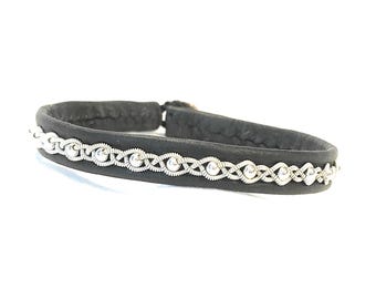 Handmade Sami Lapland Reindeer Leather Bracelet, Silver/Pewter Braided Thread, Small Sterling Silver Beads, Nordic Style Handicraft Cuff