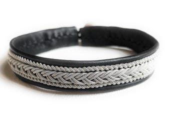 Sami Lapland Reindeer Leather Bracelet &quot;JOJK&quot;, Traditional Handmade Silver/ Pewter Braided Thread Nordic Sweden Handicraft, Unisex Cuff