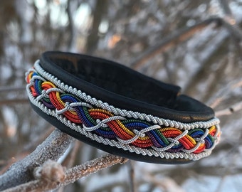 Handmade Custom Made Sami Pride Rainbow Colour Reindeer Leather Traditional Bracelet Silver/Pewter And Coloured Copper Thread Made To Order