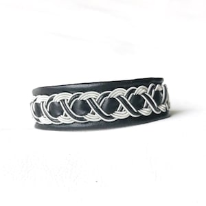 Lapland Sami Bracelet &quot;ADAK&quot;, Handmade Reindeer Leather Traditional Cuff, Pewter/Silver Thread  Custom Made