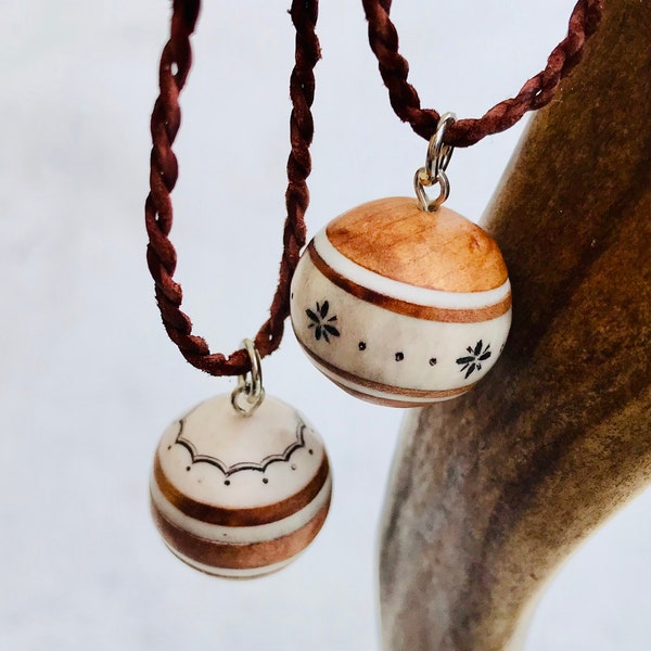 Handmade Sami Necklace Ball Pendant With Sami Symbols, Made From Reindeer Antlers and Sallow Tree With Engravings, Reindeer Leather Band.