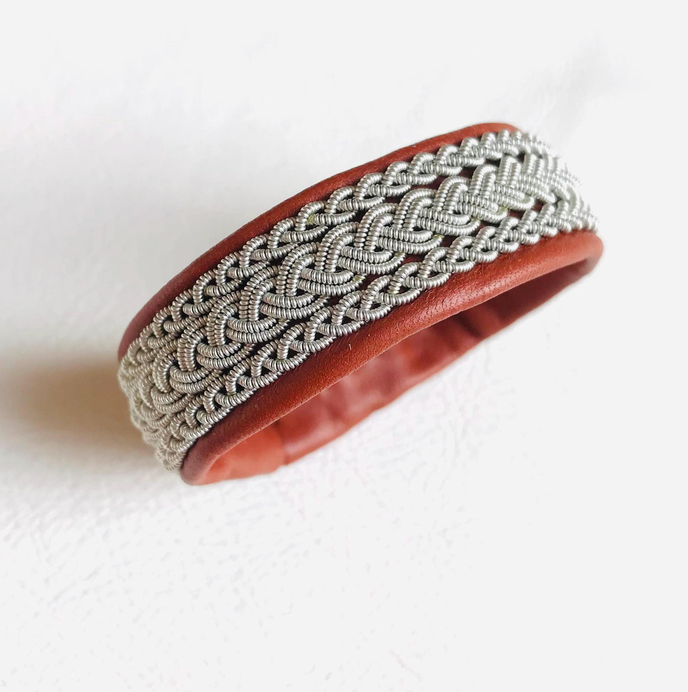 Sami Lapland Reindeer Leather Bracelet "BALDER", Traditional Handmade Silver/ Pewter Braided Thread Nordic Sweden Design, Handicraft Cuff