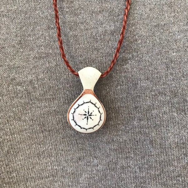 Large Handmade Sami Shaman Drum Symbol For The Sun, Drop Of Life Necklace From Reindeer Antlers and Sallow Tree, Reindeer Leather Band.