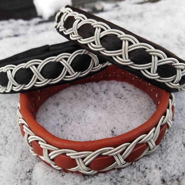 Handmade Sami Reindeer Leather Exclusive Traditional Custom Made Bracelet, Silver/Pewter Thread Naturally Tanned Reindeer Leather