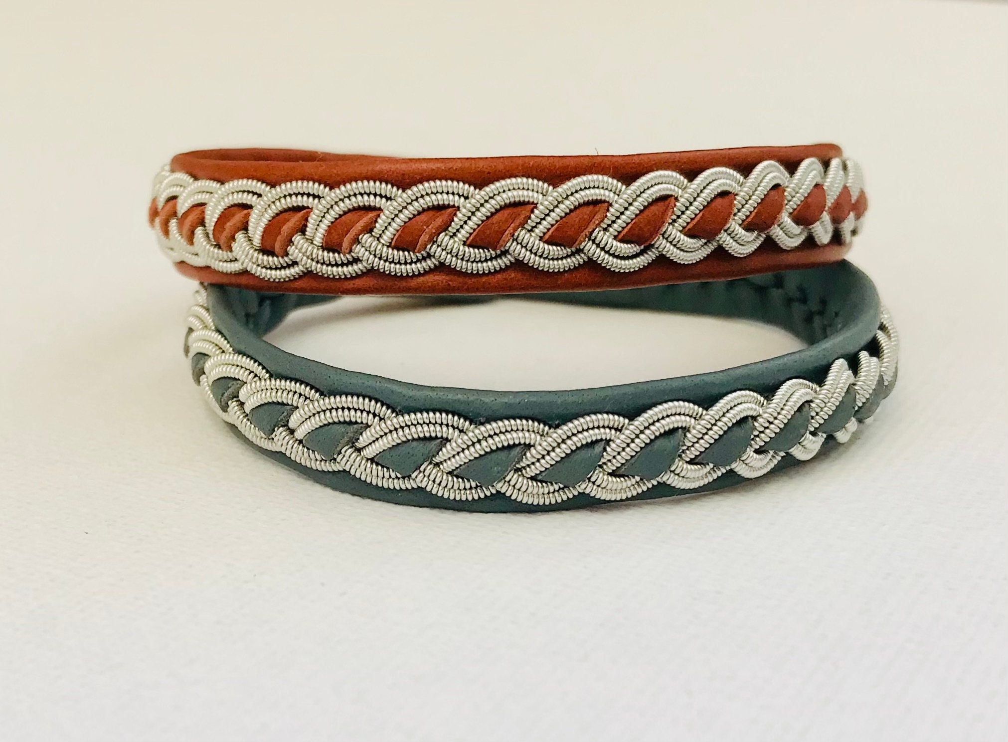 Lapland Sami Reindeer Leather Bracelet "ABISKO", Traditional Handmade Silver/ Pewter Braided Thread Nordic Sweden Handicraft, Unisex Cuff