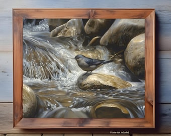 American Dipper Art Print, River Bird Wildlife Wall Art, Realistic Nature Illustration, Waterfall Stream Painting, Birdwatching Decor