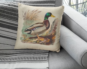 Mallard Duck Throw Pillow, Coastal Lake House Accent Cushion, Marsh Bird Decor