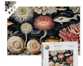 Vintage Marine Biology Illustration 1000 Piece Wooden Puzzle with , Sea Life Coral Fish Shell Art Puzzle for Family Fun