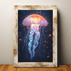 Impresión artística de pared de medusas brillantes, póster bioluminiscente del océano, vibrante obra de arte subacuático, decoración de fantasía de aguas profundas
