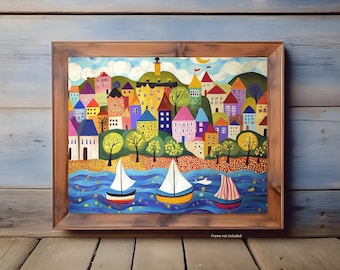 Vibrant Coastal Village Naive Art Print with Sailboats and Colorful Houses | Whimsical Folk Art Wall Decor