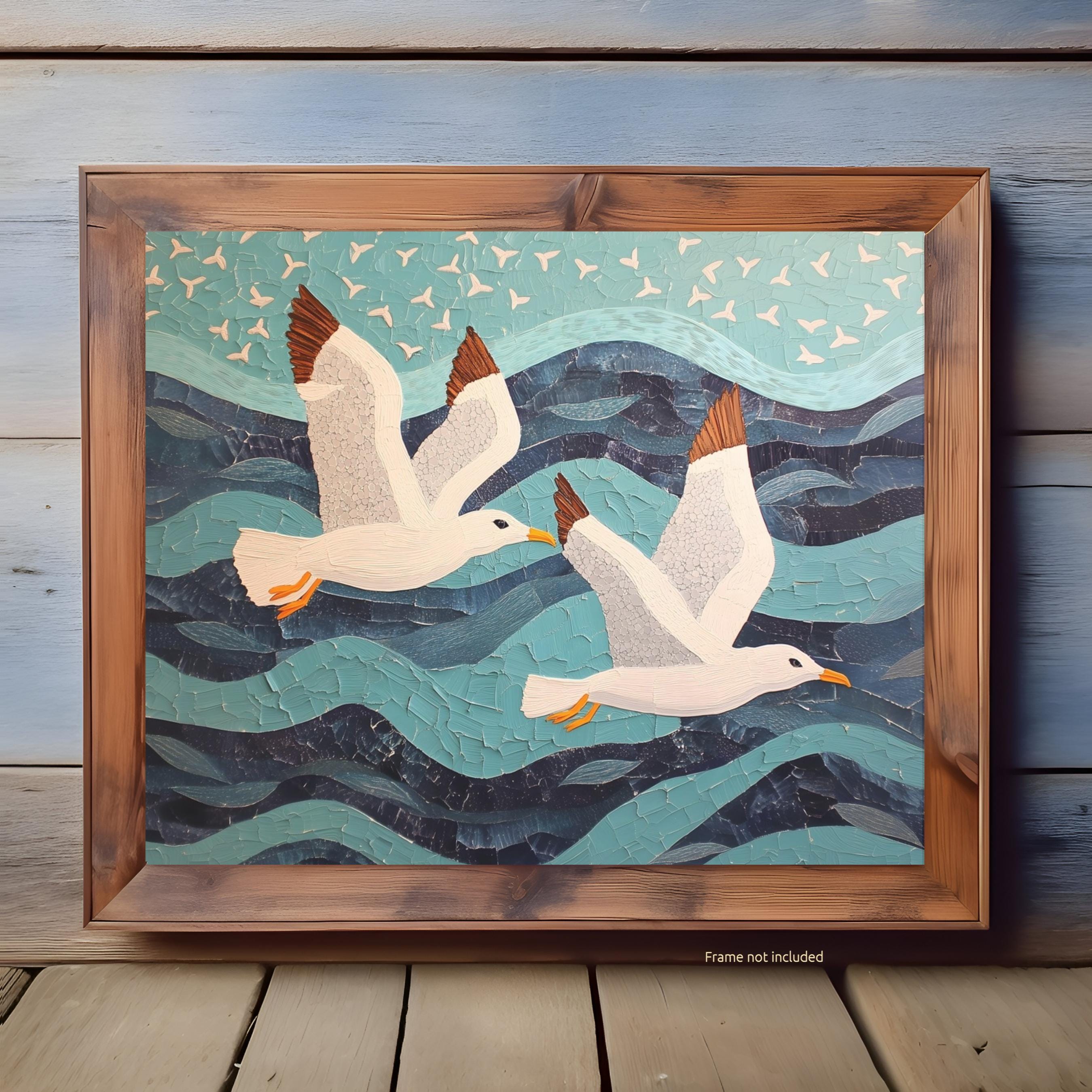 Seagull Mosaic Wall Art Print, Coastal Bird Artwork, Nautical Ocean ...