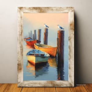 Vintage Ruderboot Wand Kunst Druck - Küsten Segelboot Sonnenuntergang Poster - Möwen und Holzboote Gemälde - Serene Ocean Hafen Dekor