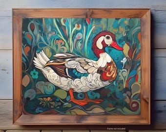 Puede incluir: Una pintura abstracta colorida de un pato con la cabeza y el pico rojos, de pie en un campo de flores verdes, azules y marrones. Las plumas del pato están detalladas con intrincados patrones y colores.