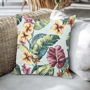Coastal Botanical Outdoor Throw Pillow with Bold Purple Hibiscus and Tropical Leaves for Beach House, Pool, or Patio