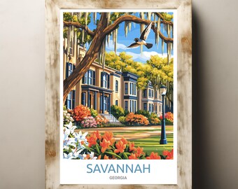 Savannah Georgia Vintage Poster Wall Art with Historic Homes Spanish Moss Blooming Flowers and Bird in Southern Garden Street Scene