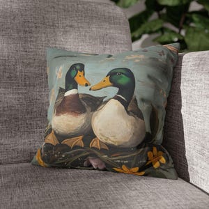 Rustic Farmhouse Mallard Duck Throw Pillow Cover with Vintage Nature Art - Farmhouse Accent