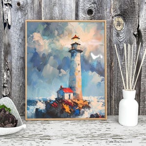 Coastal Lighthouse Wall Art Print - Ocean Storm Seascape Print with Impasto Style - Nautical Maritime Decor for Home