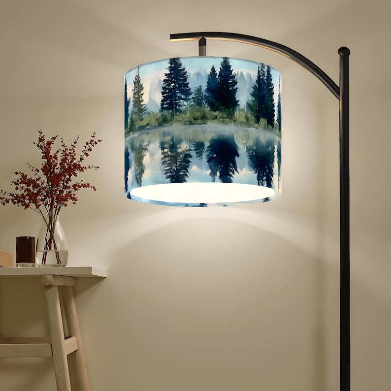 Nature Forest Arc Floor Lamp With Watercolor Pine Tree Reflection Shade nature-forest-arc-floor-lamp-with-watercolor-pine-tree-reflection-shade