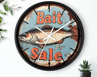 Reloj de pared rústico de tienda de cebos para peces, diseño de letrero vintage, decoración de casa de lago, regalo de pescador, decoración de cabaña