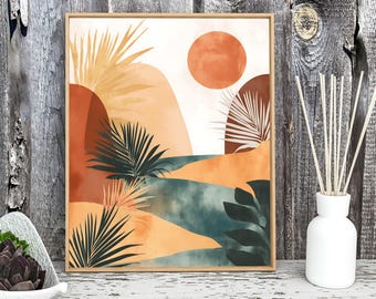 Boho Beach Scene Wall Art Print with Abstract Sunset and Palm Leaves, Modern Coastal Poster for Living Room or Bedroom Decor