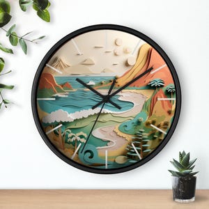 Reloj de pared con paisaje costero, arte moderno de madera, decoración de escena de playa, reloj con vista al mar para sala de estar
