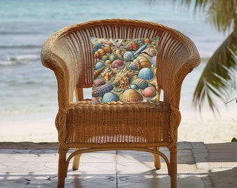 Vibrant Seashells in Folk Art Style: Colorful Outdoor Throw Pillow
