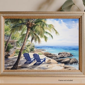 Beachside Bliss: Charming Cottage with Ocean View - Watercolor Print of 2 Chairs