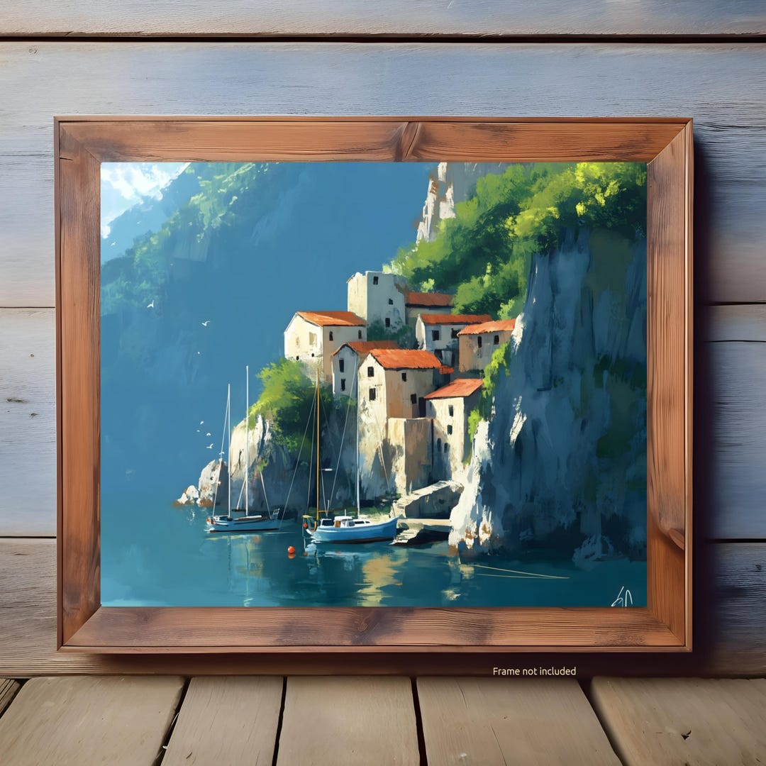 Mediterranean Cliffside Village Art Print - Coastal Seaside Wall Decor ...