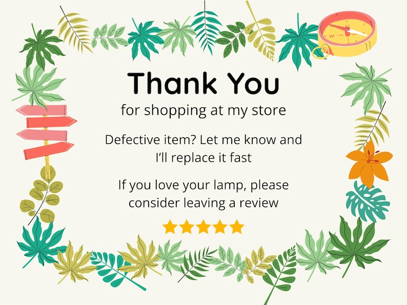 May include: A decorative card with a cream background, featuring the text "Thank You" in large black letters. The card includes a border of green and yellow leaves and a compass illustration. Text encourages reviews.