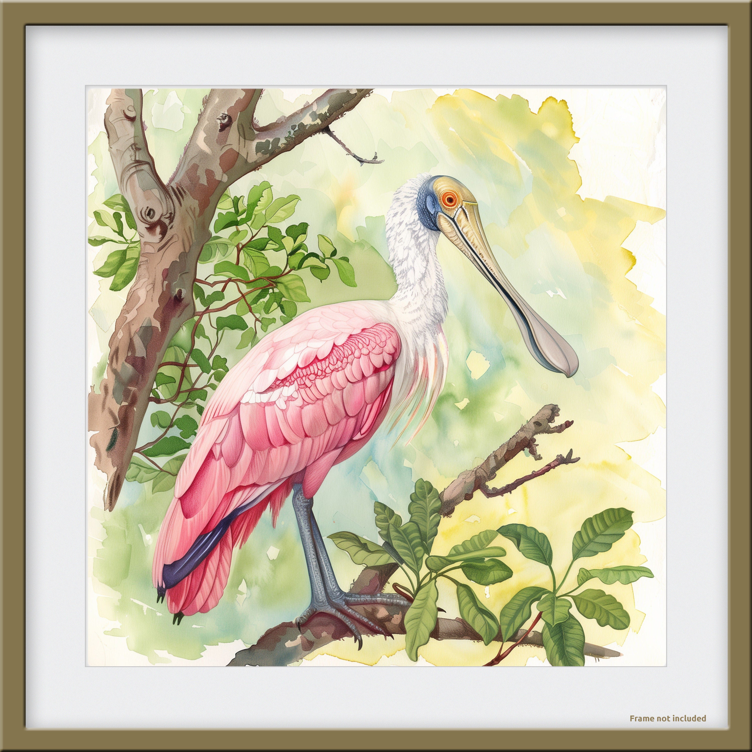 Vibrant Watercolor Print: Roseate Spoonbill on Branch, Elegant Coastal ...