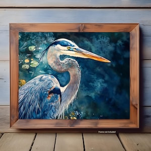 Blauwe reiger Art Print, majestueuze wetlands vogel kunst aan de muur, aquarel wildlife poster, op de natuur geïnspireerd decor, rustige moeraskunstwerk