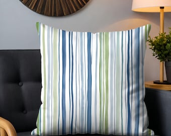 Modern Blue and Green Stripe Throw Pillow Cover with Watercolor Look for Coastal Living Room or Nautical Themed Home Decor Accent