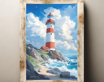 Coastal Lighthouse Wall Art Print - Nautical Ocean Seascape Poster - Red and White Beacon Painting - Maritime Beach House Decor