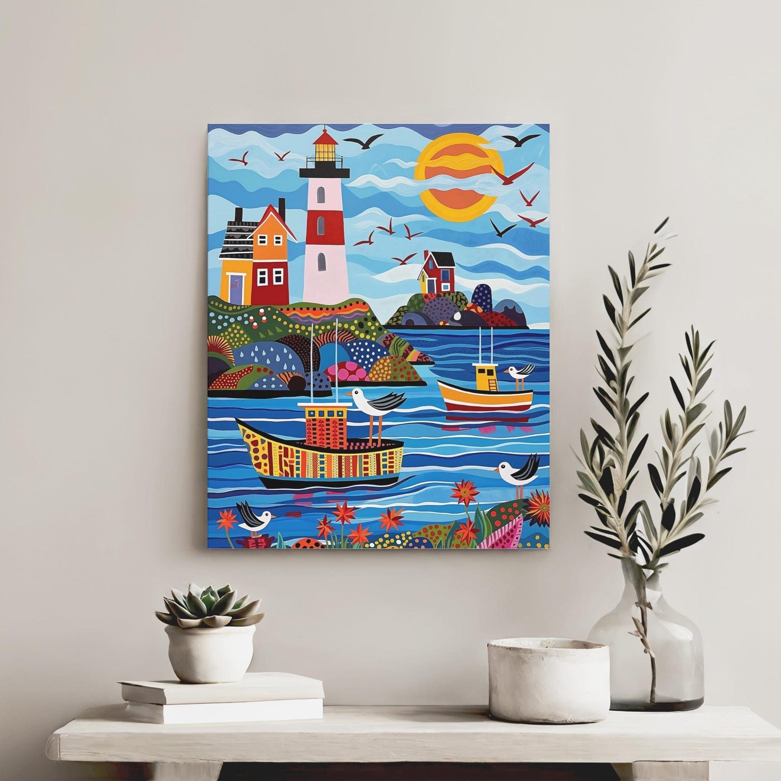 Colorful Coastal Wall Art Print Nautical Folk Style Harbor Scene With ...