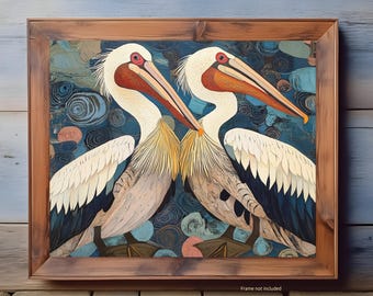Folk Art Pelican Wall Print, Coastal Bird Painting, Nautical Decor for Beach House, Ocean Animal Artwork, Modern Nature Poster Gift